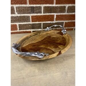 Vintage Pier 1 Wood Oval Serving Tray Pewter Leaf Twig Handle Charcuterie